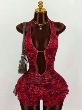 Women’s leopard print halter neck deep v neck bodysuit